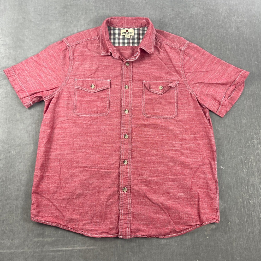Woolrich Mens Large Red Short Sleeve Button Down Slub Cotton Shirt‎